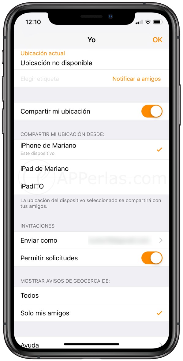 Ajustes de la app Buscar a mis amigos Ajustes de la app Buscar a mis amigos