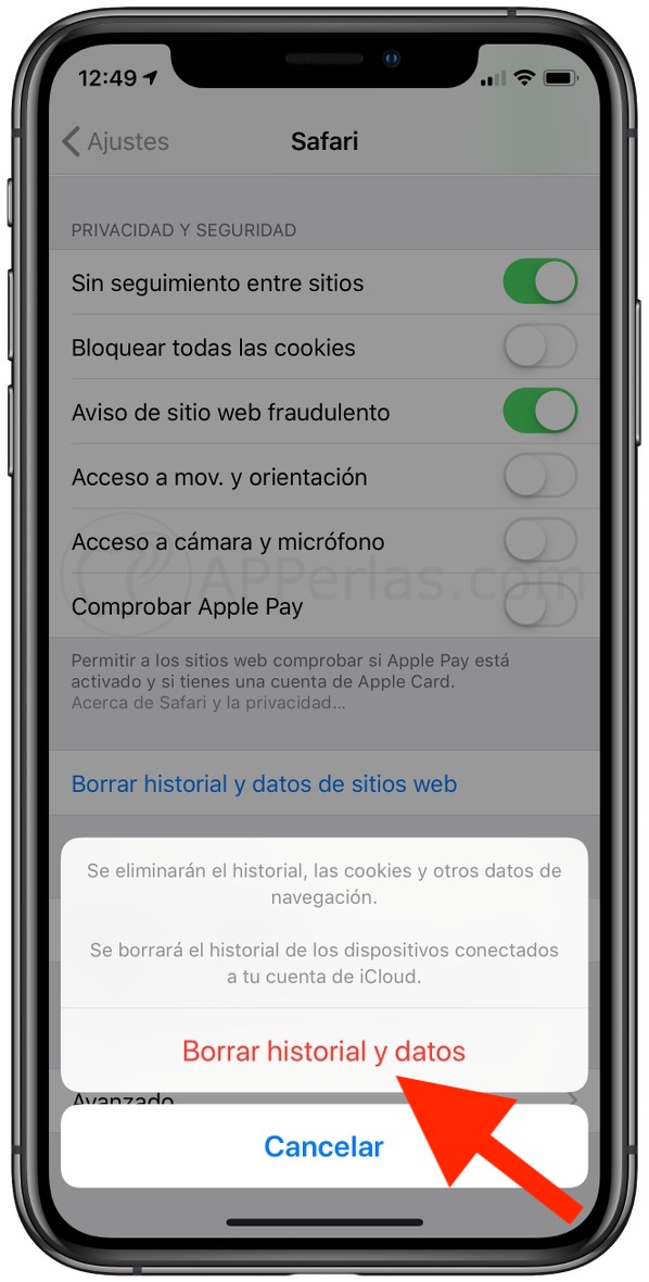 Pulsa para borrar el historial y datos en safari iOS Pulsa para borrar el historial y datos en safari iOS