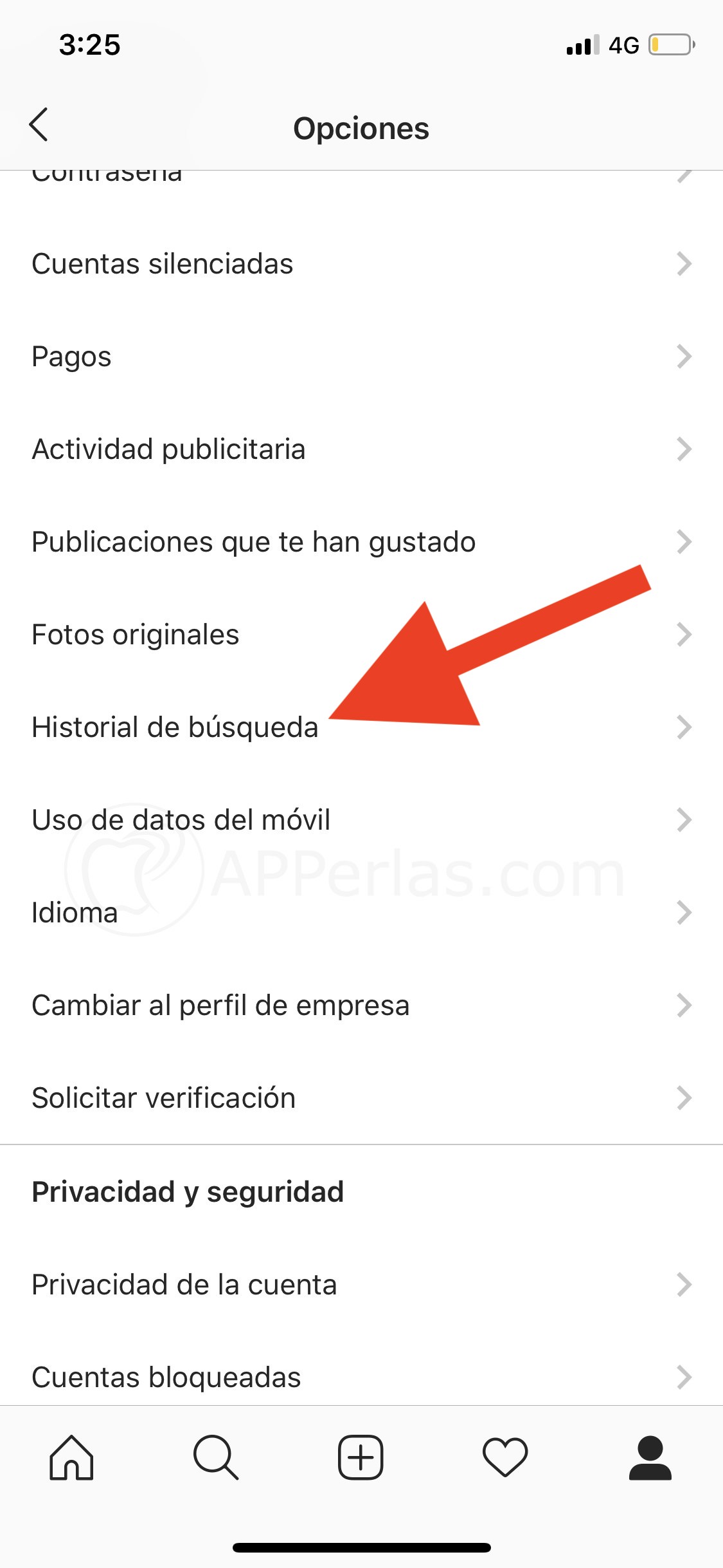 v Acceder al historial de búsqueda de Instagram