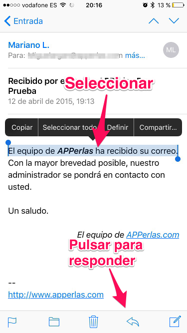 seleccionar texto mensaje en Mail 1