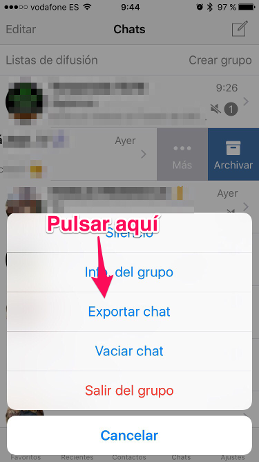 Selecciona la opción Exportar chat Selecciona la opción Exportar chat