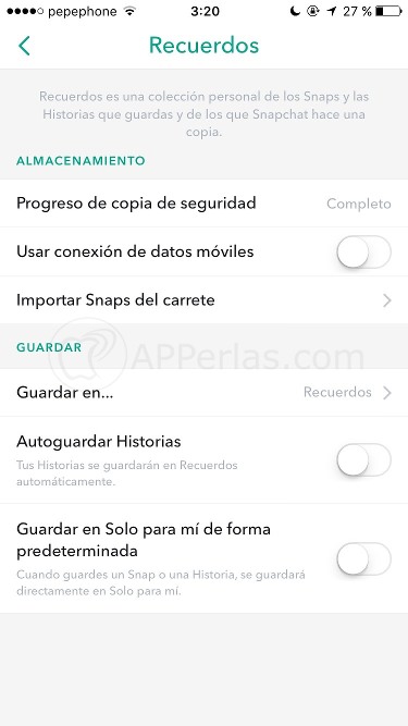 Configuración de Snapchat recuerdos Configuración de Snapchat recuerdos