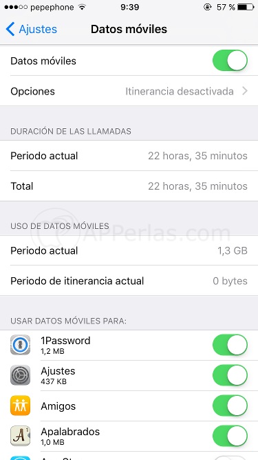 Menú de datos móviles