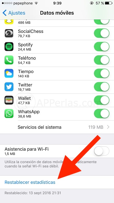 Resetear estadísticas de datos móviles