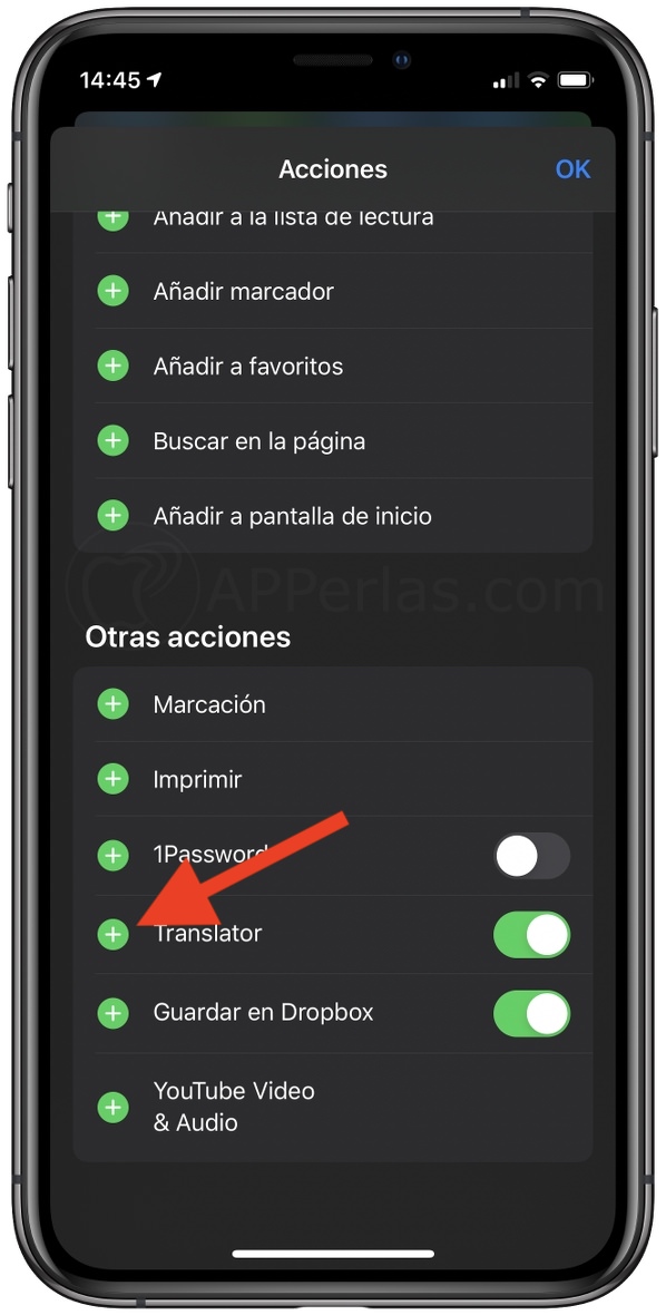 Activa la acción Translator en Safari Activa la acción Translator en Safari