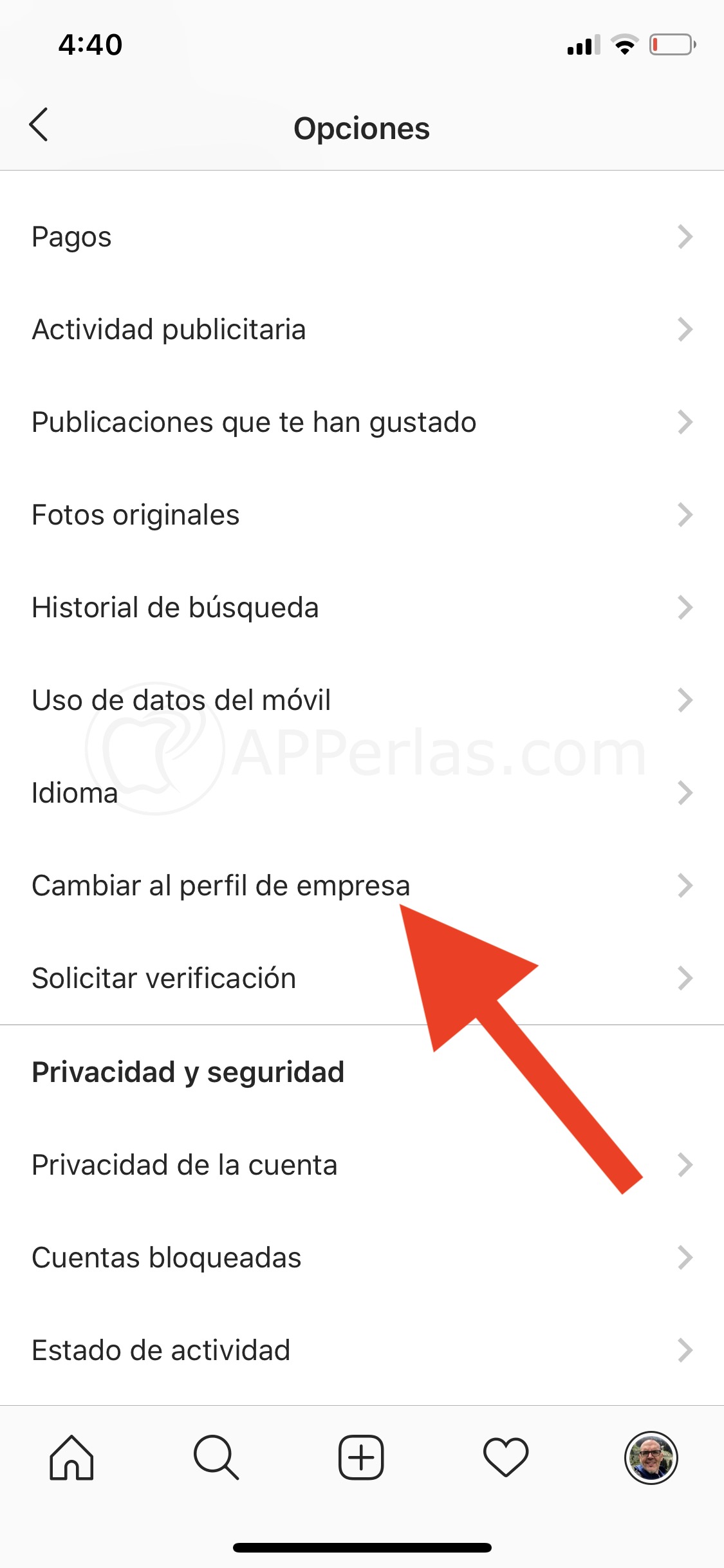 Cambia al perfil de empresa en Instagram