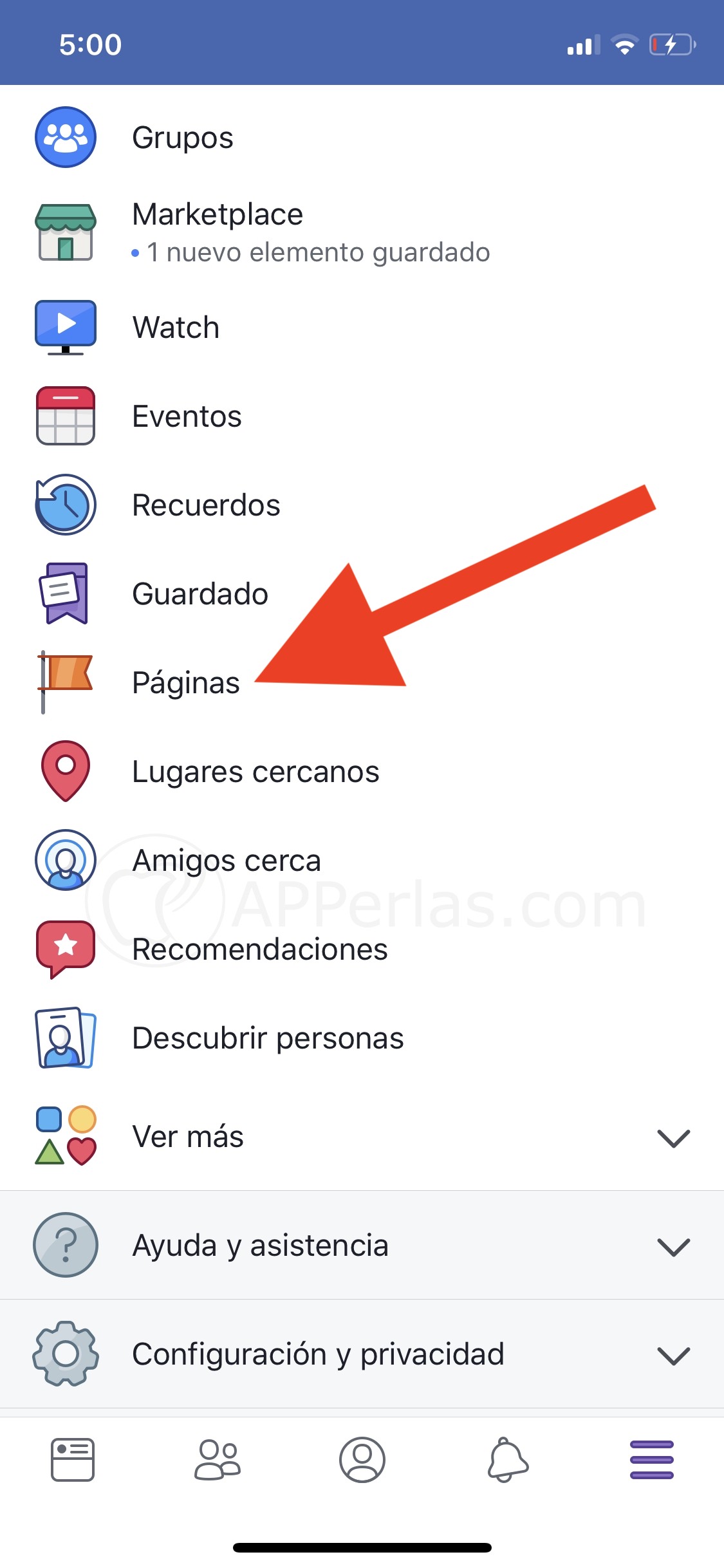 Pulsa en Páginas de Facebook