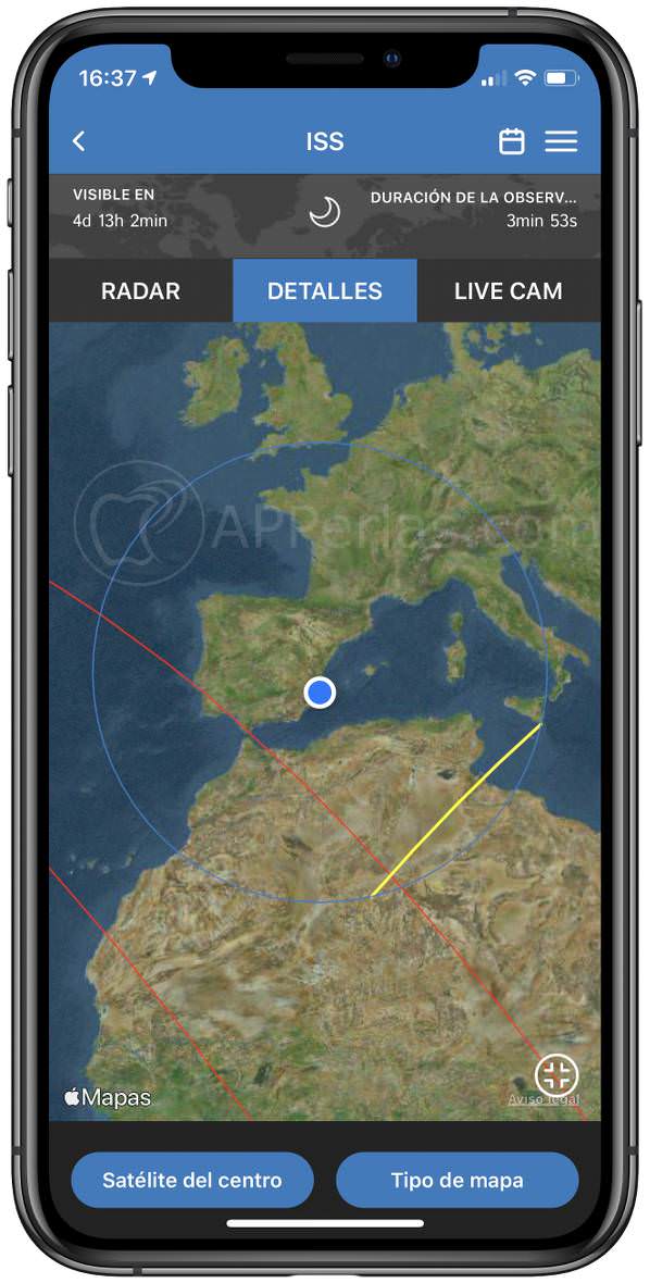 Información sobre el trayecto visible de la ISS desde nuestra localización Información sobre el trayecto visible de la ISS desde nuestra localización