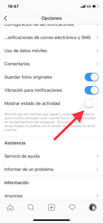 Desactivar última conexión en Instagram 1