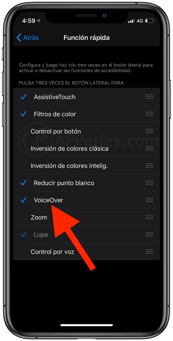 Desactiva, sobre todo, la opción VoiceOver Desactiva, sobre todo, la opción VoiceOver