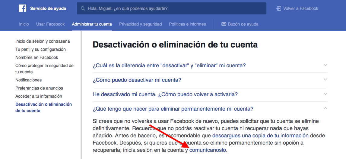 Comunicar borrar una cuenta de Facebook 2