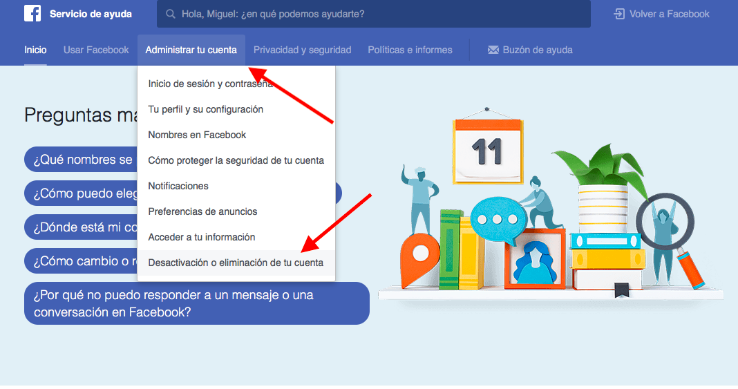 administrar borrar una cuenta de Facebook 1