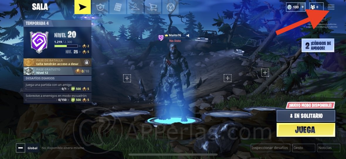 Menú de acceso a la configuración Fortnite Menú de acceso a la configuración Fortnite