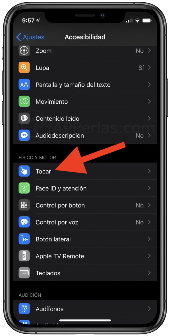 Opción "TOCAR" en e menú de Accesibilidad Opción "TOCAR" en e menú de Accesibilidad