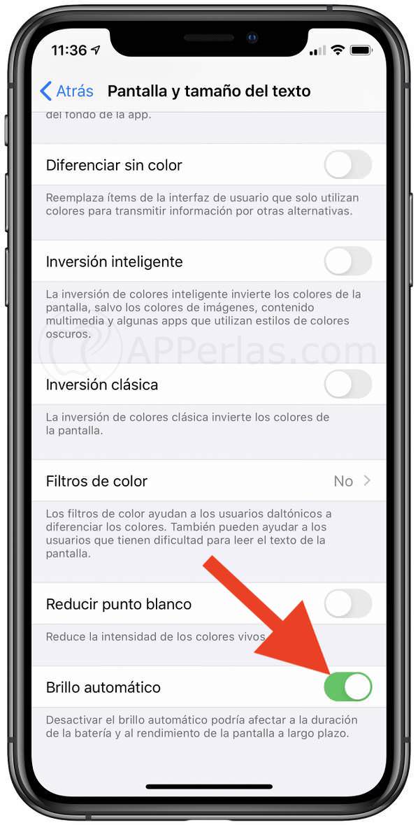 Opción de brillo automático en iOS Opción de brillo automático en iOS