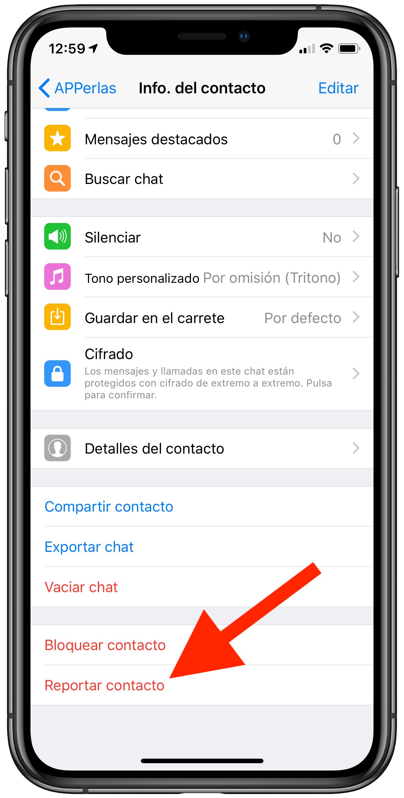Opción de reportar contacto Opción de reportar contacto