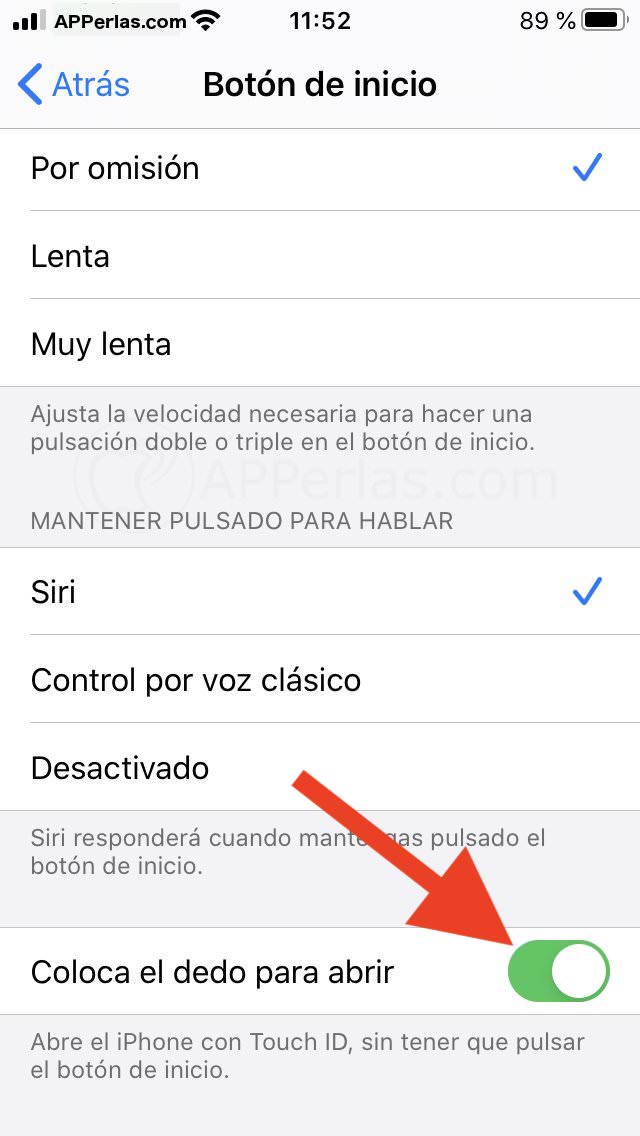 Activa la opción Coloca el dedo para abrir Activa la opción Coloca el dedo para abrir