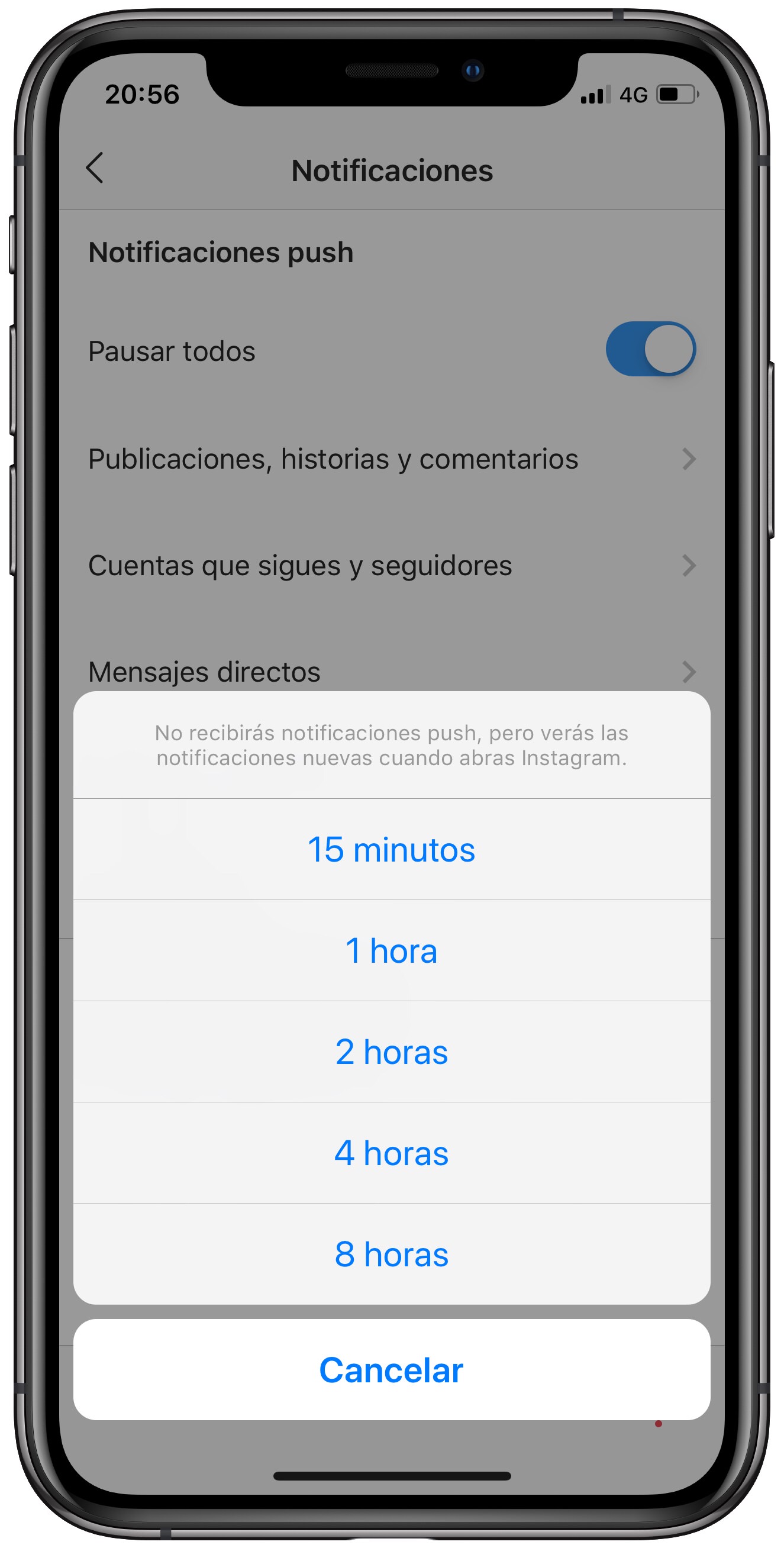 tiempo pausar las notificaciones de Instagram 2