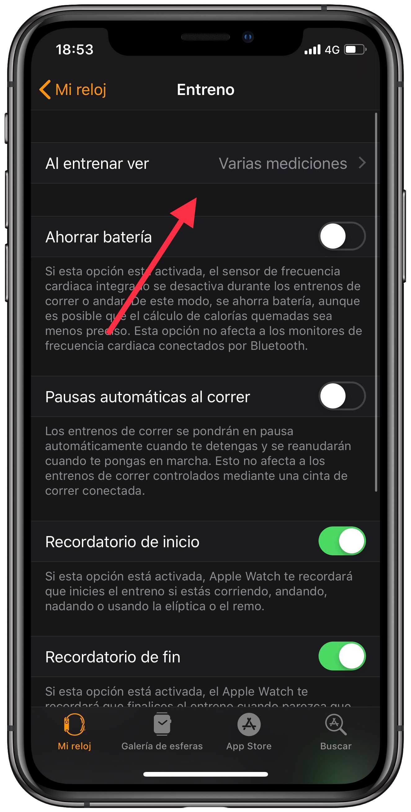 mediciones pantalla de entreno en el Apple Watch 1