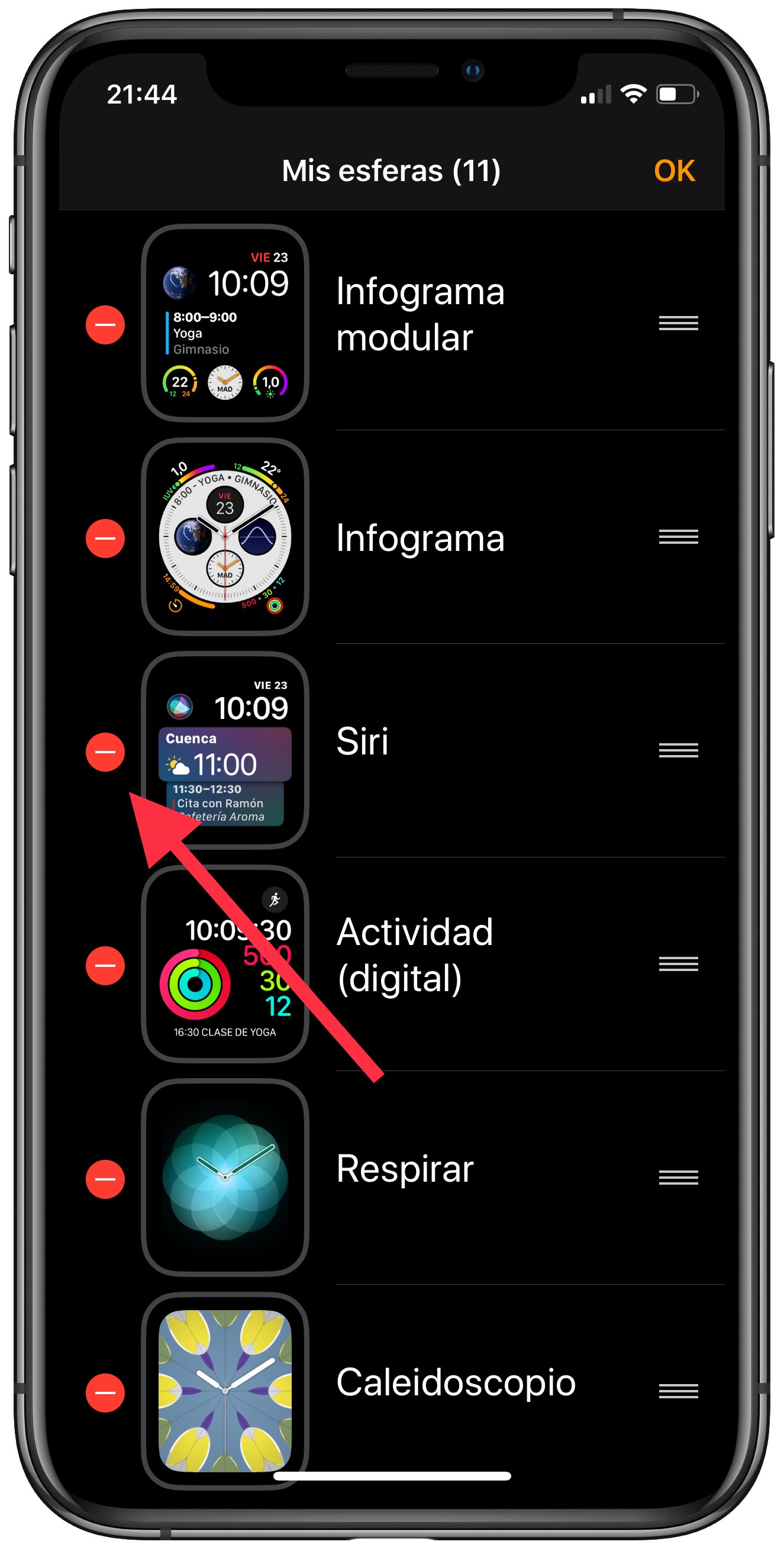 eliminar eliminar esferas del Apple Watch 2