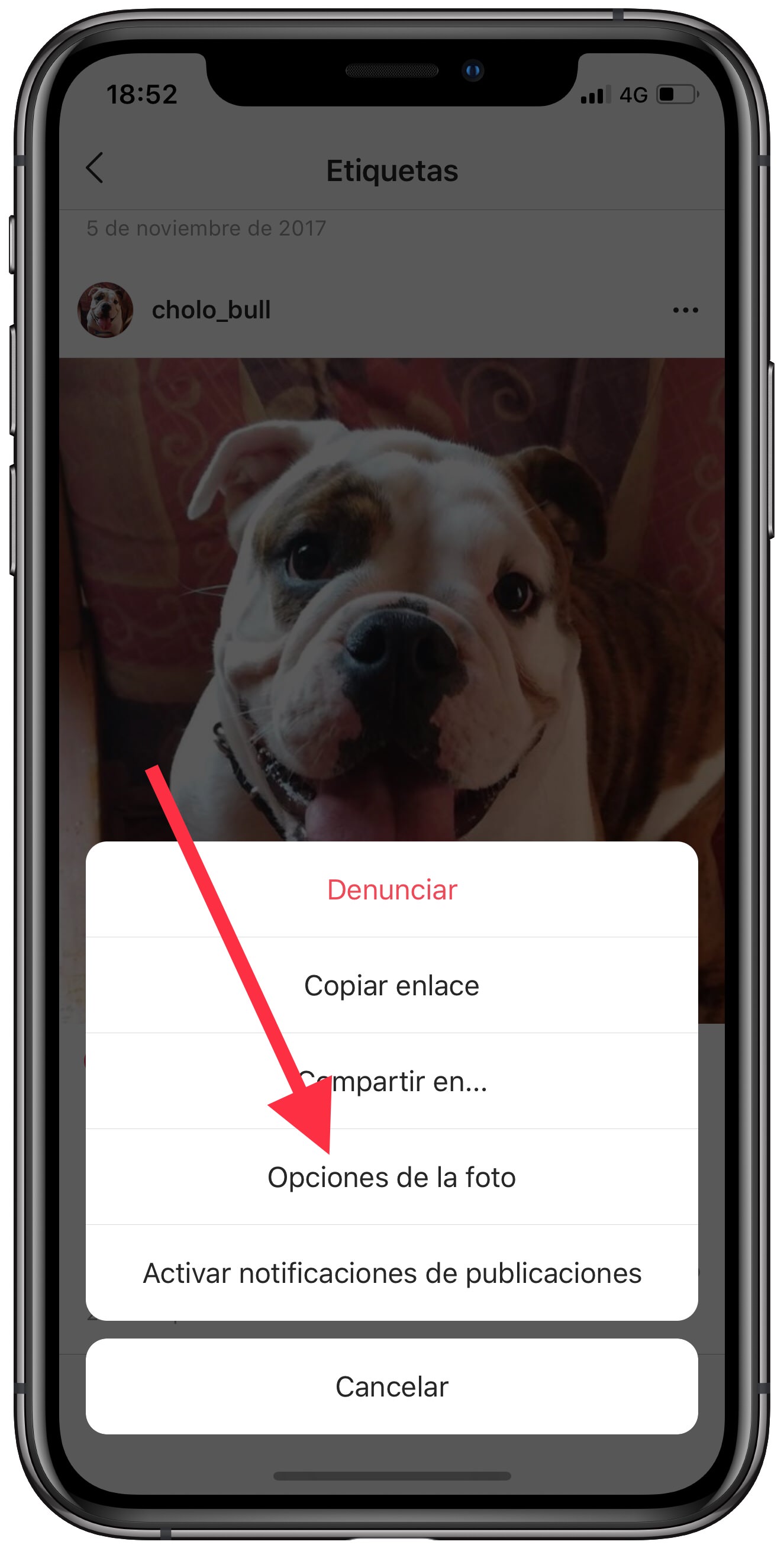 menú desetiquetar una foto de Instagram 1