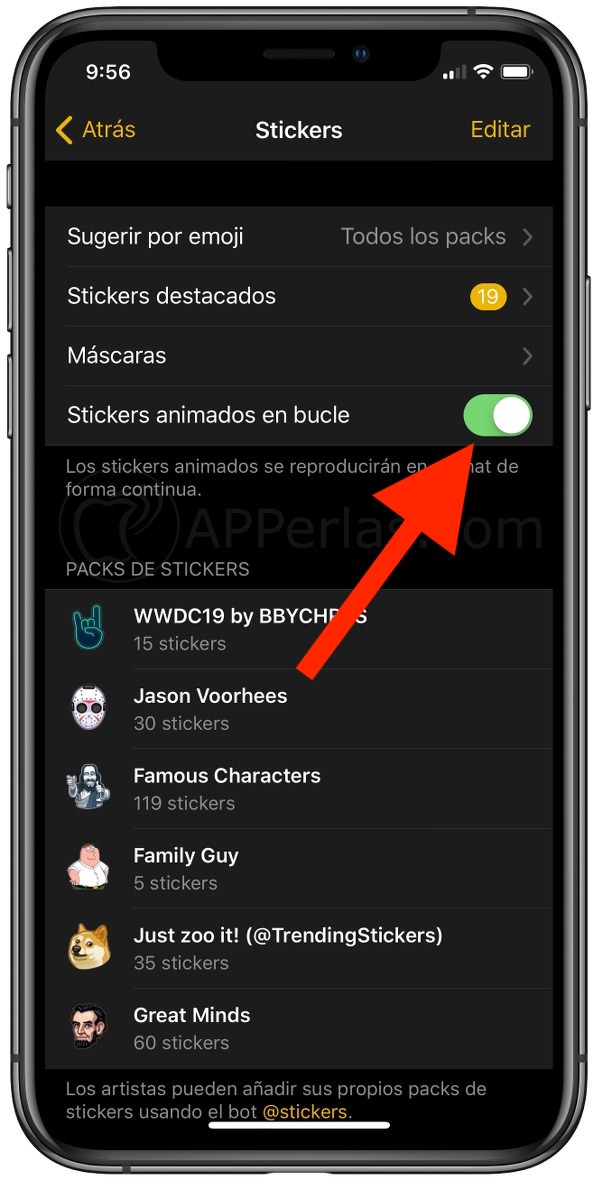 Activa o desactiva los stickers animados en bucle Activa o desactiva los stickers animados en bucle