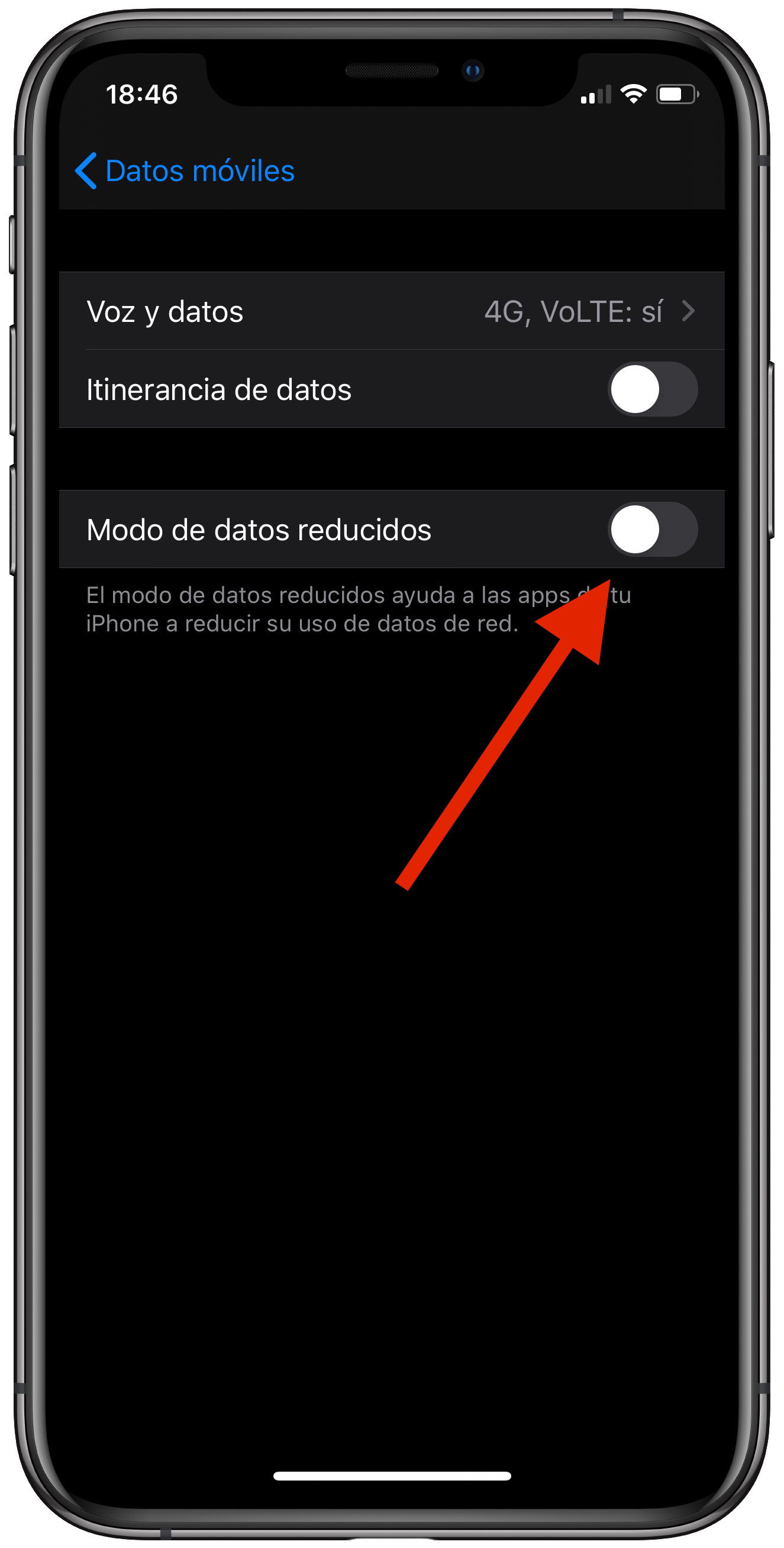 Modo de datos reducidos desactivado en iOS Modo de datos reducidos desactivado en iOS