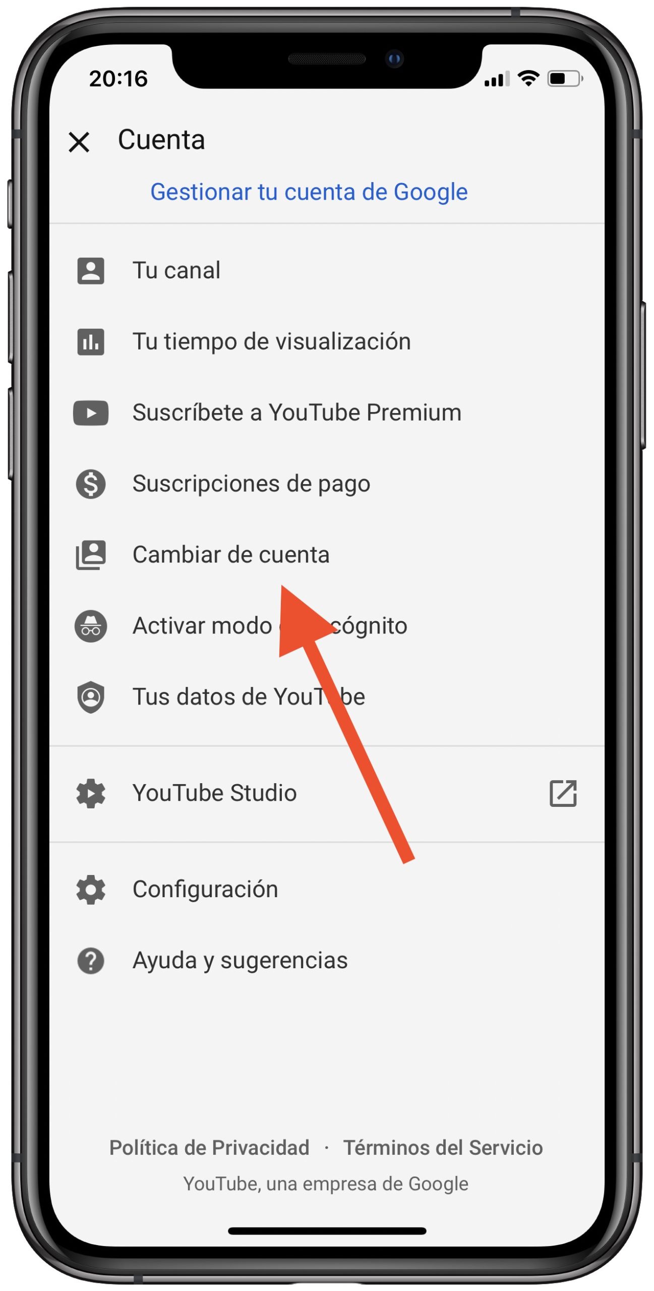 cambiar más de una cuenta de YouTube 1