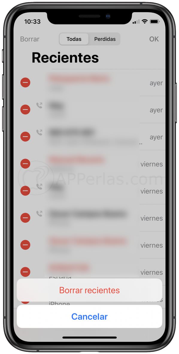 Pulsa la opción "Borrar recientes" para eliminar todo el registro de llamadas Pulsa la opción "Borrar recientes" para eliminar todo el registro de llamadas