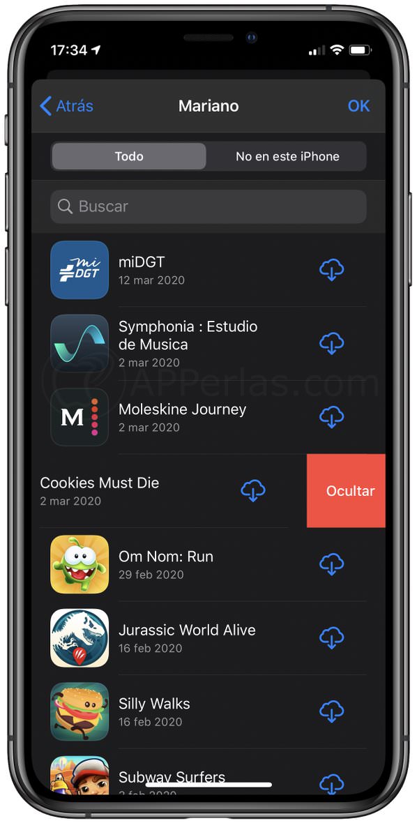 Opción de borrar apps del historial