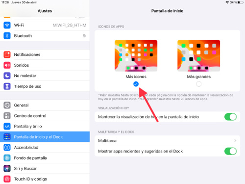 ajustes pantalla de inicio del iPad 1