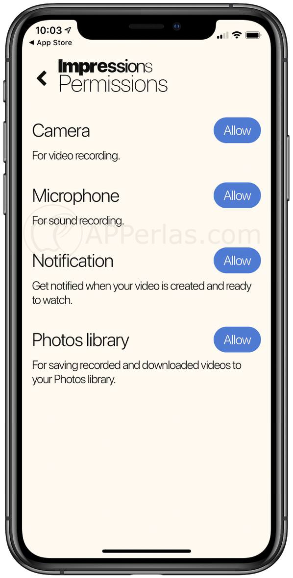 Permisos para la app Impressions