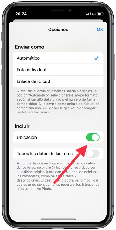 desmarcar enviar la ubicación de una foto 2