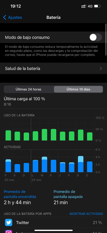 datos batería en el dispositivo