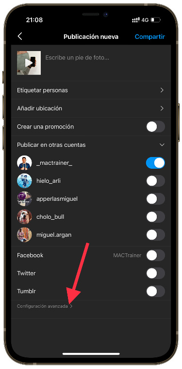 configuración publicaciones de Instagram 1
