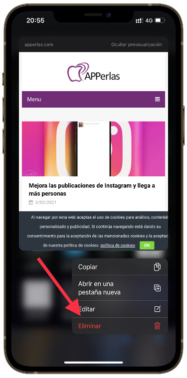 mantener presionado eliminar favoritos de Safari 1
