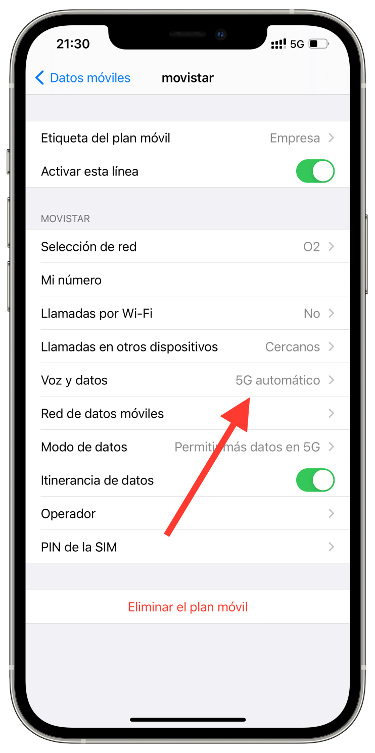 línea 5G teniendo DualSIM 1