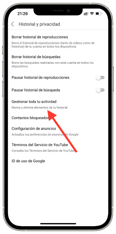 actividad seleccionar el historial de Youtube 1