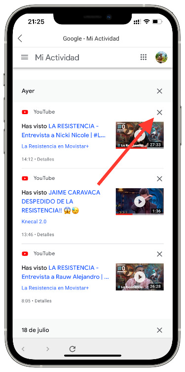 eliminar seleccionar el historial de Youtube 2