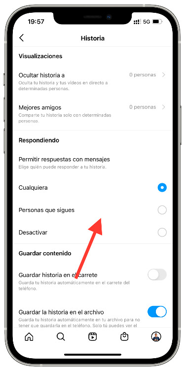 privacidad recibir mensajes en las historias 2
