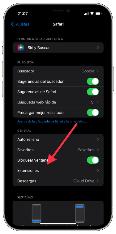 ajustes extensiones para Safari 1