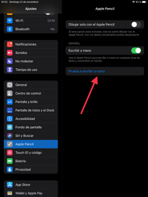 Activar escribir con el Apple Pencil