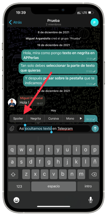 Spoiler ocultar texto en Telegram 1