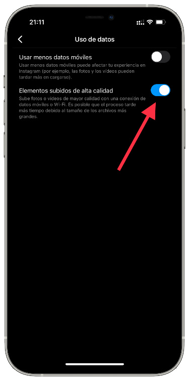Activar más calidad en Instagram 2
