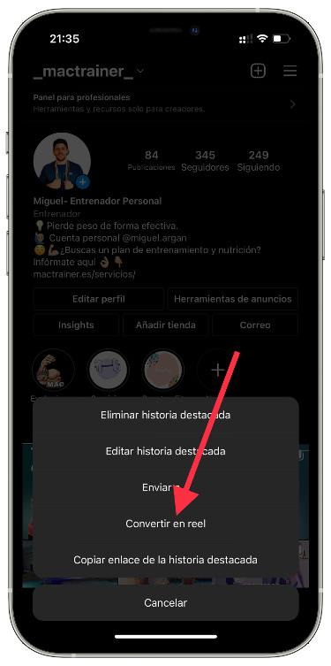 Historias historias destacadas en un reel 1
