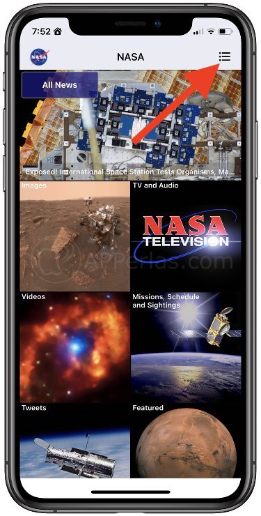 Acceso al menú de la app de la Nasa Acceso al menú de la app de la Nasa