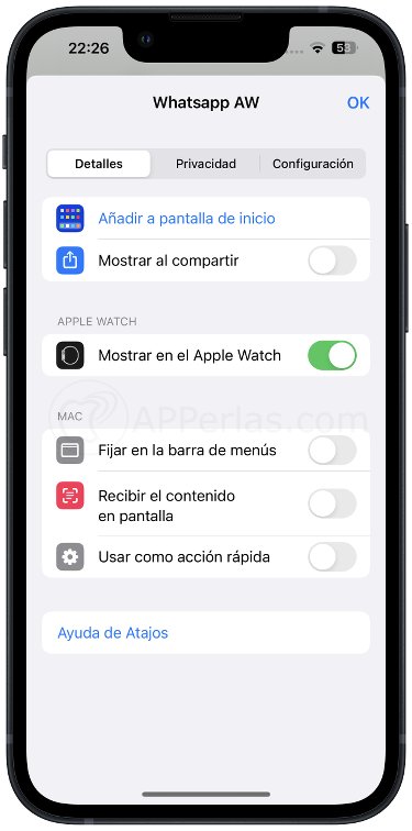 Mostrar atajo en el Apple Watch Mostrar atajo en el Apple Watch