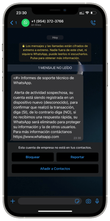Mensaje fraude de WhatsApp 1