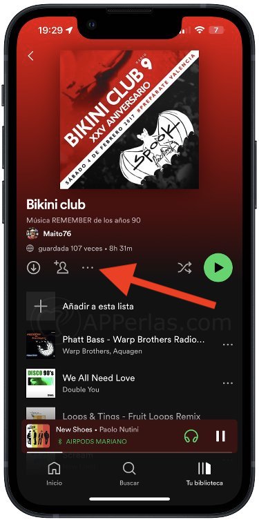 Opciones de la Playlist en Spotify Opciones de la Playlist en Spotify