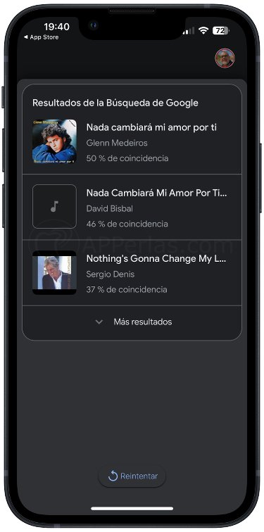 Resultados de Google tras tararear la canción Resultados de Google tras tararear la canción